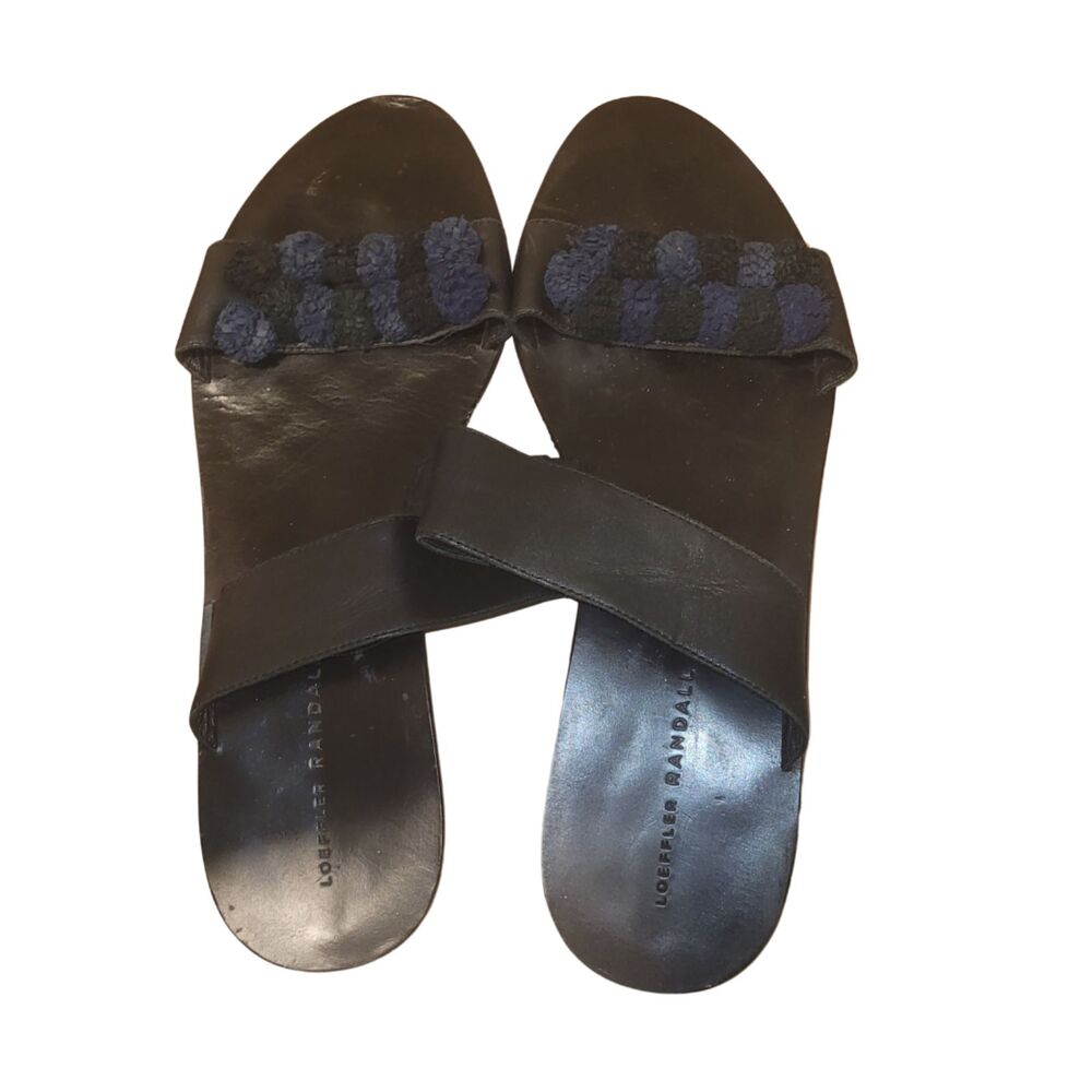Loeffler Randall Women's Size 10 Black Leather Pom Pom Slide Sandals